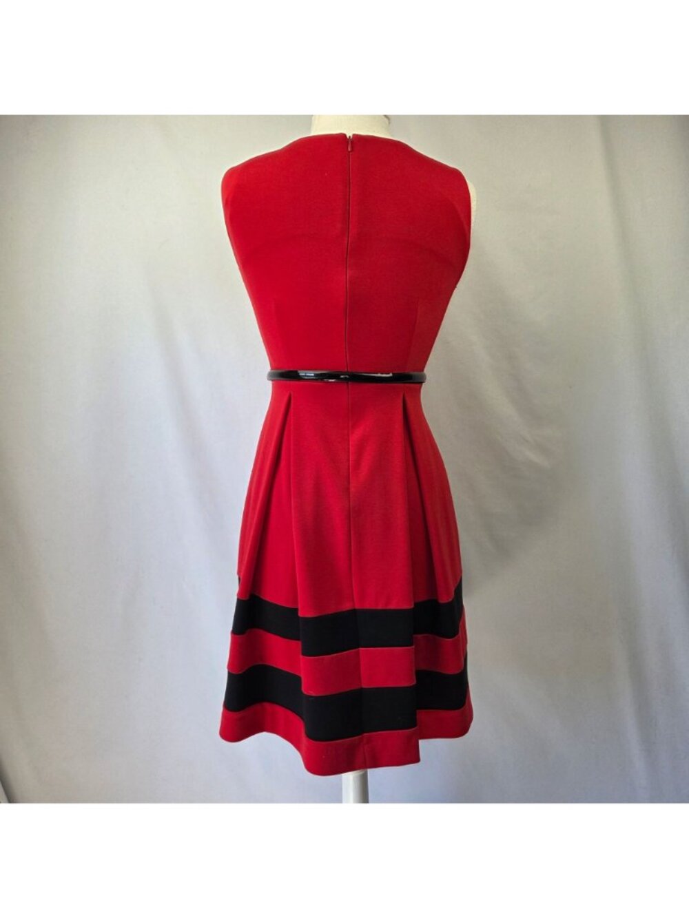Calvin Klein Red & Black Striped Sleeveless A-Line Dress With Belt Size 4P - Picture 5 of 14